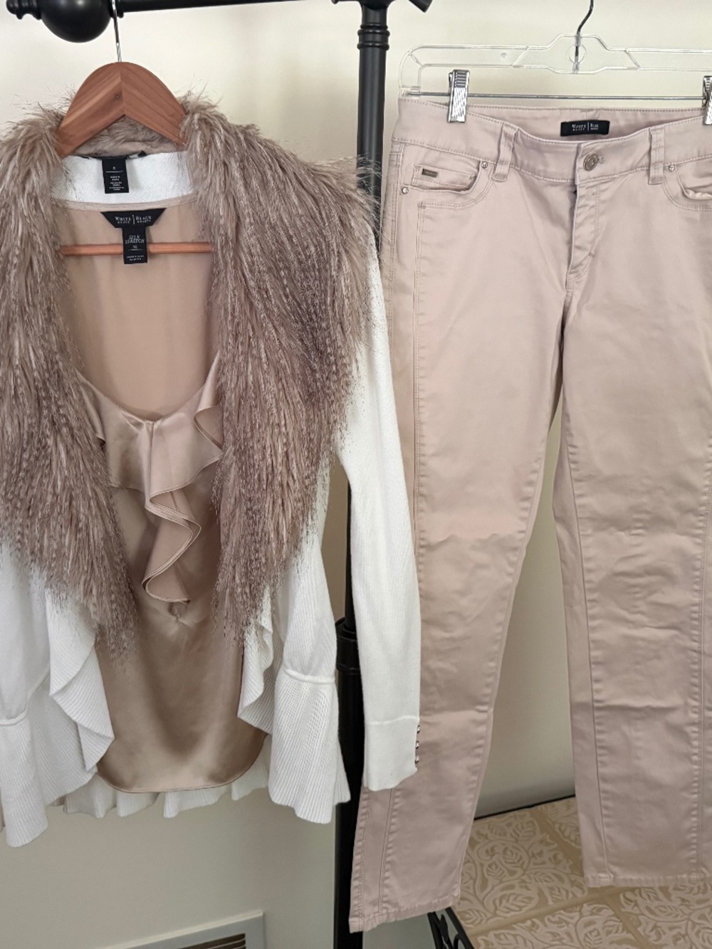 White House Black Market 3-Pc Outfit: Faux Fur Cardigan, Silk Camisole & Skinny